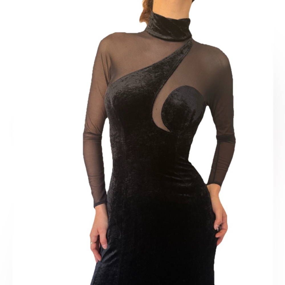 VTG 90s Y2K Bloomingdale Black Velvet Sheer Long Sleeve Formal Prom Gown USA XS